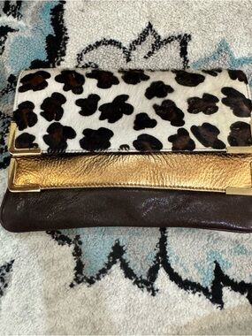 Michael Kors Leopard Pony Hair, Gold & Brown Fold-Over Clutch